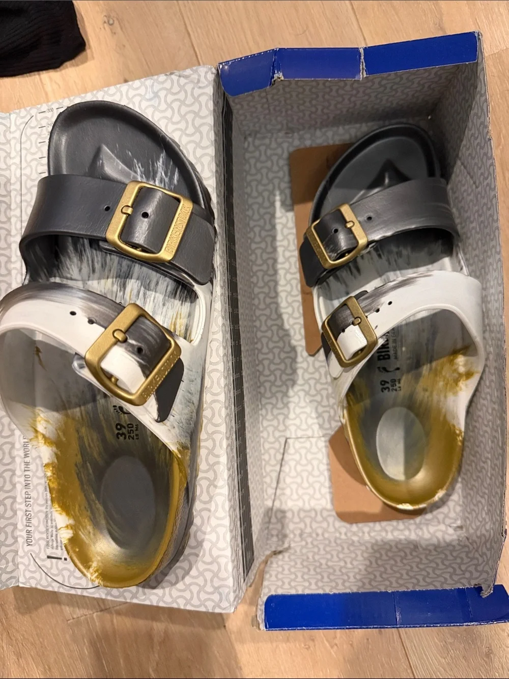 Birkenstock Silver, White and Yellow Painted Slide Sandals - Picture 2 of 3